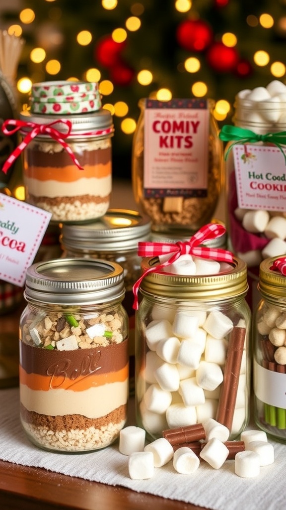 Homemade Mason Jar Gift Ideas for Christmas Decorated mason jars filled with homemade gifts for Christmas, including cookie mixes and hot cocoa kits.